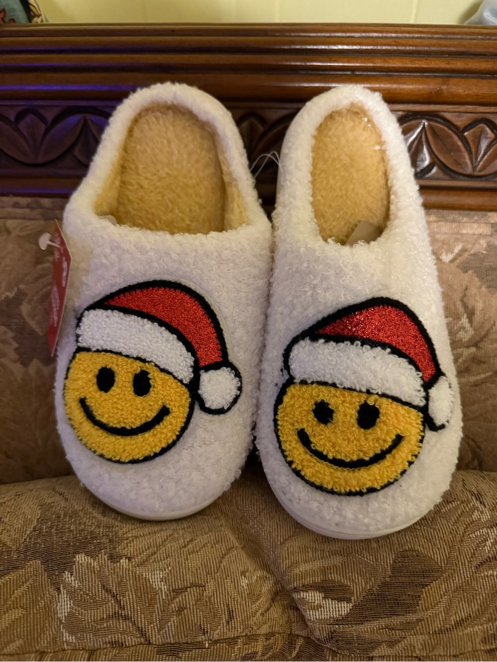 Womens White Fuzzy Slippers with Festive Smiley Face